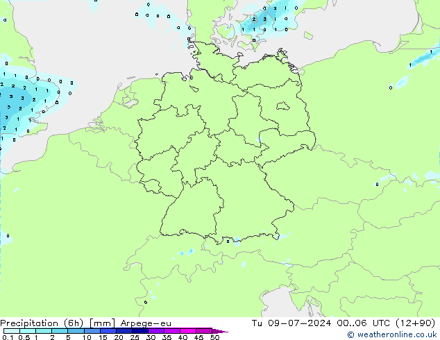 Totale neerslag (6h) Arpege-eu di 09.07.2024 06 UTC