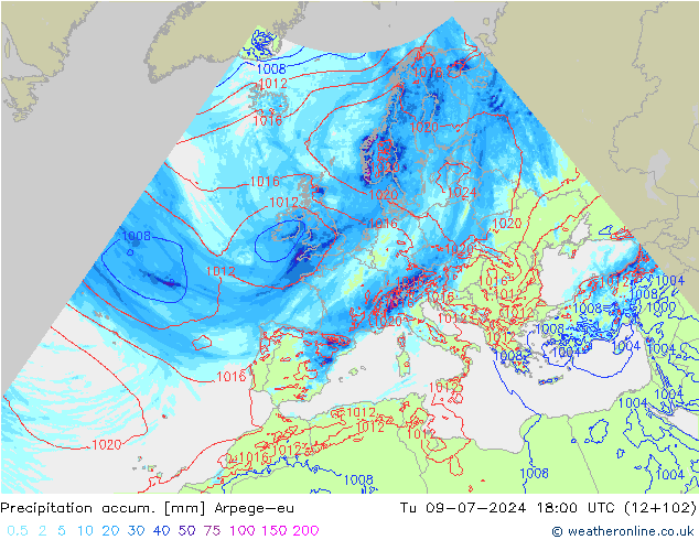 Totale neerslag Arpege-eu di 09.07.2024 18 UTC