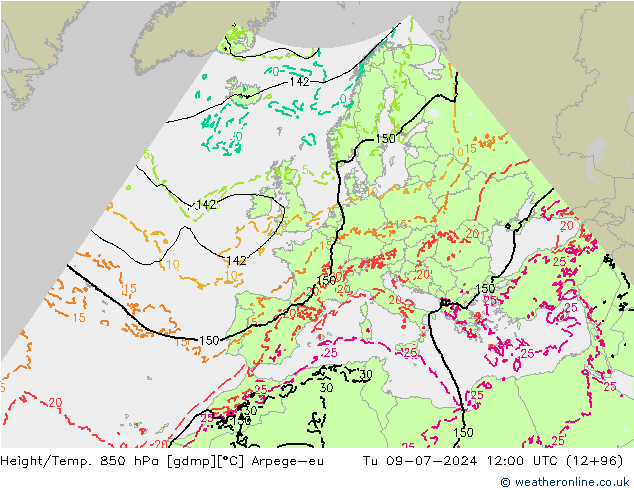 Hoogte/Temp. 850 hPa Arpege-eu di 09.07.2024 12 UTC