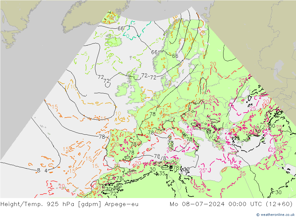 Height/Temp. 925 hPa Arpege-eu 星期一 08.07.2024 00 UTC