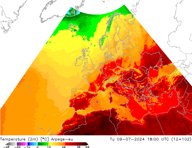 Temperatuurkaart (2m) Arpege-eu di 09.07.2024 18 UTC