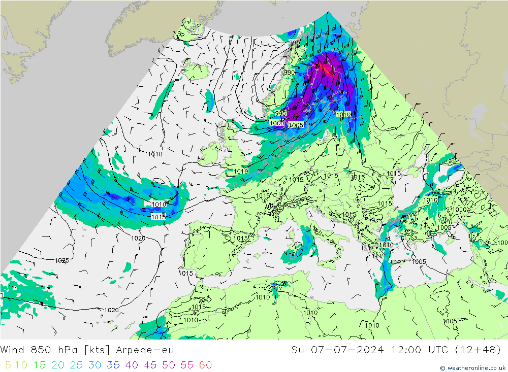 Wind 850 hPa Arpege-eu zo 07.07.2024 12 UTC