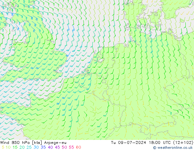 Wind 850 hPa Arpege-eu di 09.07.2024 18 UTC