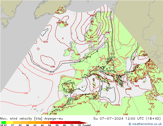 Max. wind snelheid Arpege-eu zo 07.07.2024 12 UTC