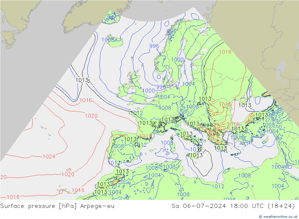 地面气压 Arpege-eu 星期六 06.07.2024 18 UTC