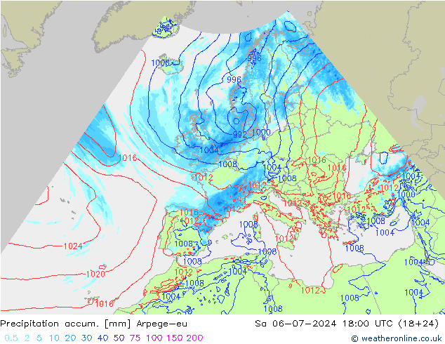 Precipitation accum. Arpege-eu 星期六 06.07.2024 18 UTC