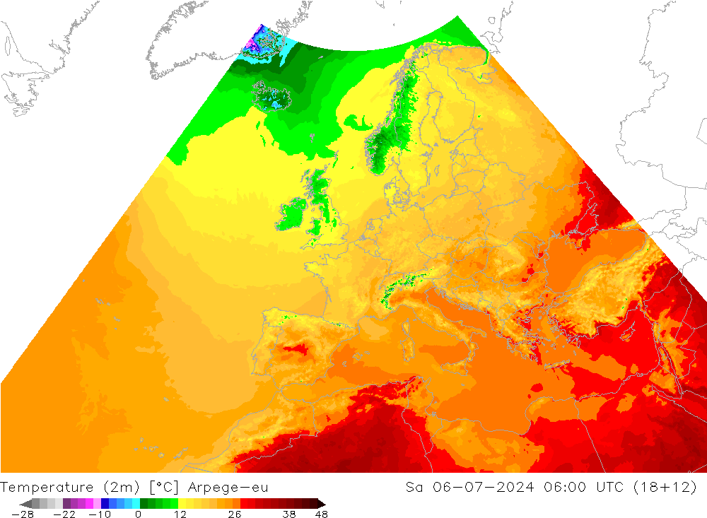 Temperatuurkaart (2m) Arpege-eu za 06.07.2024 06 UTC