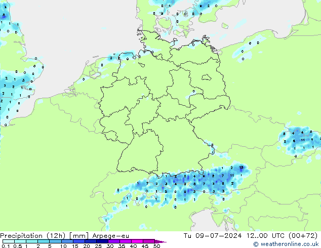Totale neerslag (12h) Arpege-eu di 09.07.2024 00 UTC