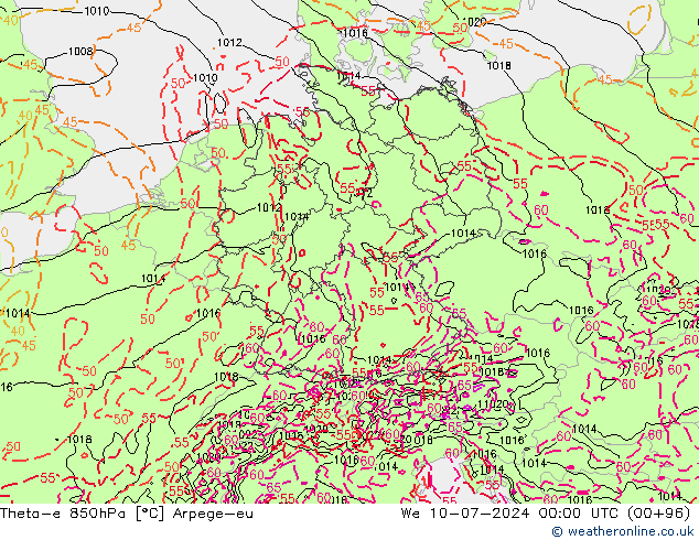 Theta-e 850hPa Arpege-eu wo 10.07.2024 00 UTC