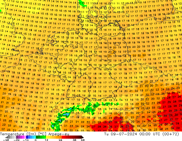 Temperatuurkaart (2m) Arpege-eu di 09.07.2024 00 UTC