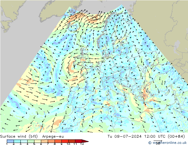 Wind 10 m (bft) Arpege-eu di 09.07.2024 12 UTC