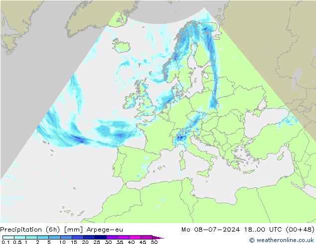 降水量 (6h) Arpege-eu 星期一 08.07.2024 00 UTC