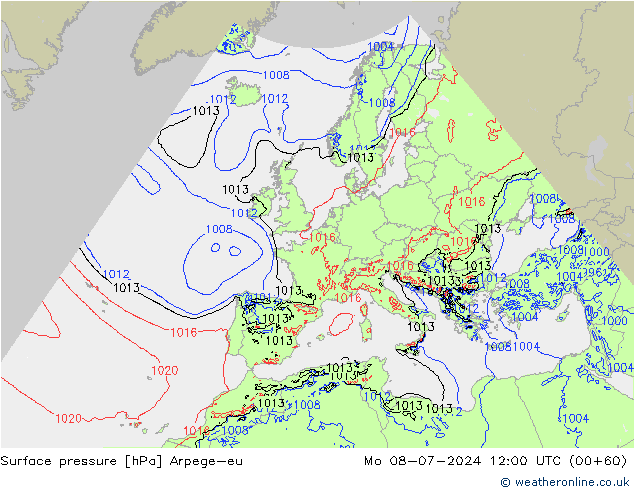 地面气压 Arpege-eu 星期一 08.07.2024 12 UTC