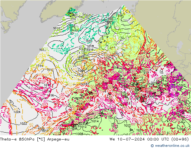 Theta-e 850hPa Arpege-eu 星期三 10.07.2024 00 UTC
