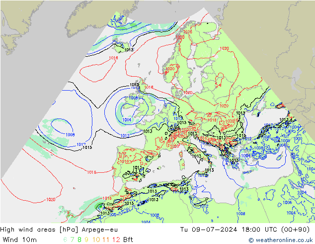 High wind areas Arpege-eu 星期二 09.07.2024 18 UTC