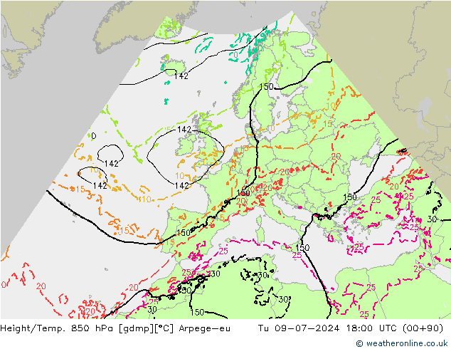 Height/Temp. 850 hPa Arpege-eu 星期二 09.07.2024 18 UTC