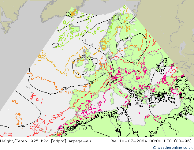 Height/Temp. 925 hPa Arpege-eu 星期三 10.07.2024 00 UTC