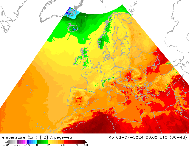 Temperatuurkaart (2m) Arpege-eu ma 08.07.2024 00 UTC