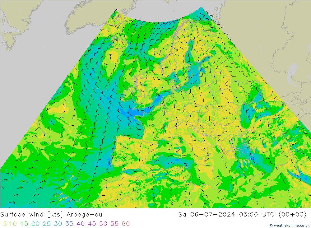 Wind 10 m Arpege-eu za 06.07.2024 03 UTC