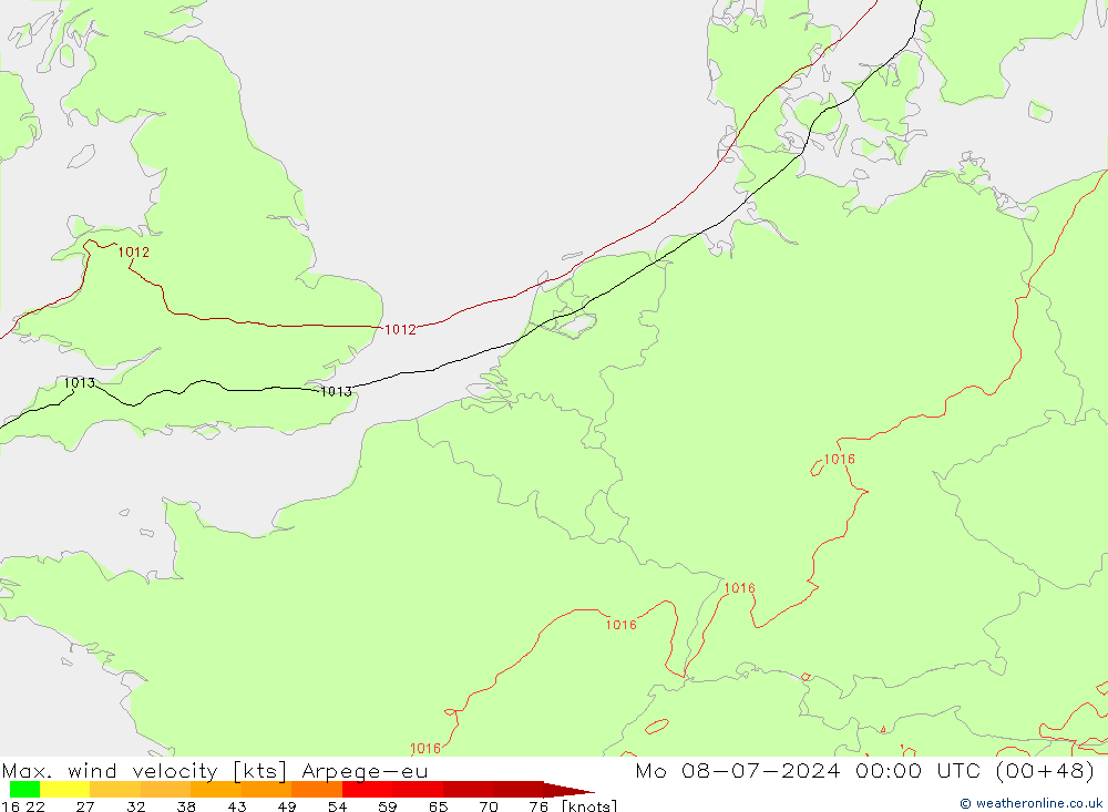 Max. wind velocity Arpege-eu 星期一 08.07.2024 00 UTC