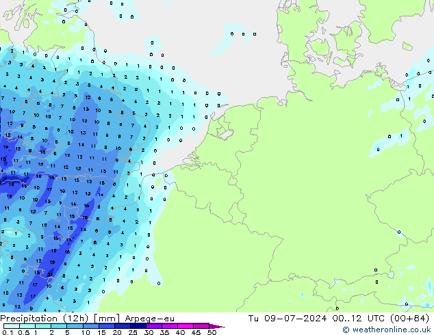 降水量 (12h) Arpege-eu 星期二 09.07.2024 12 UTC
