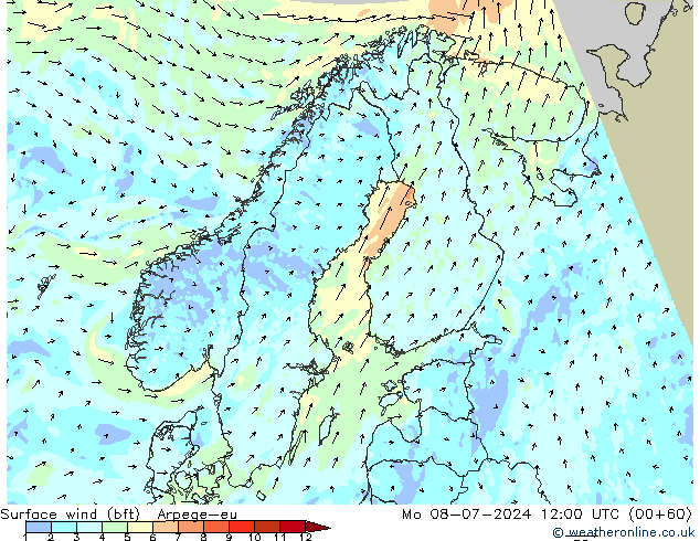 Wind 10 m (bft) Arpege-eu ma 08.07.2024 12 UTC