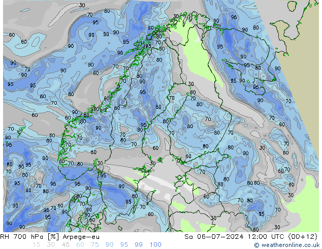 RH 700 hPa Arpege-eu 星期六 06.07.2024 12 UTC