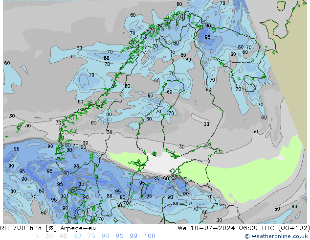 RH 700 hPa Arpege-eu 星期三 10.07.2024 06 UTC