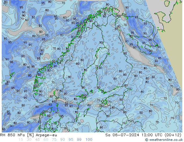 RH 850 hPa Arpege-eu 星期六 06.07.2024 12 UTC