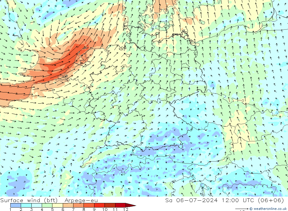 Wind 10 m (bft) Arpege-eu za 06.07.2024 12 UTC