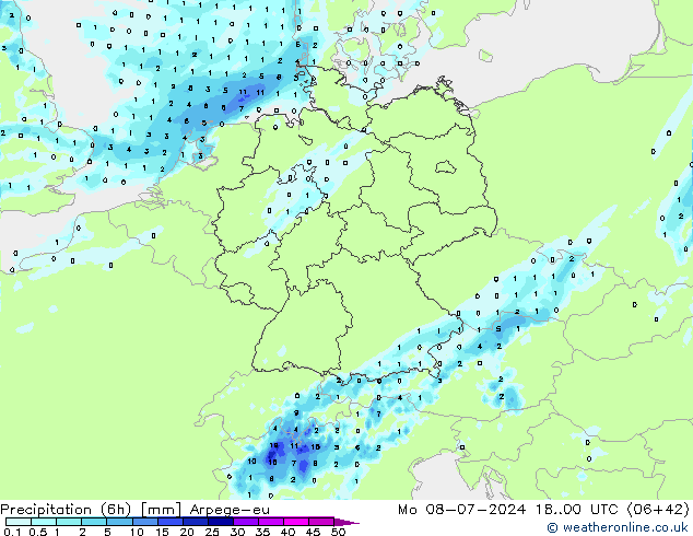 降水量 (6h) Arpege-eu 星期一 08.07.2024 00 UTC