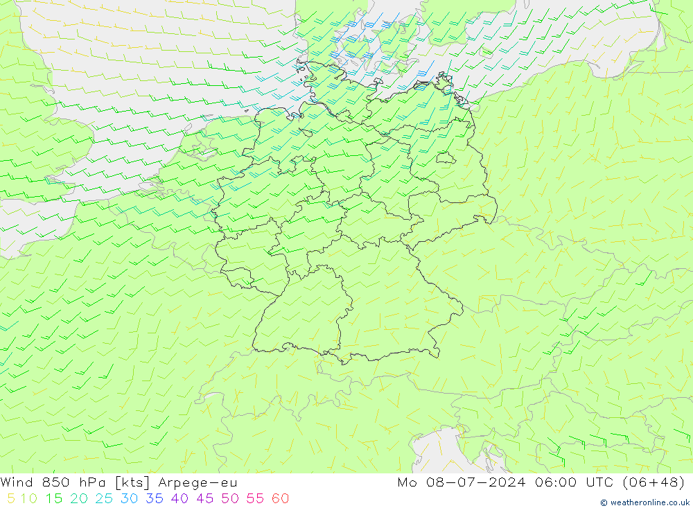 Wind 850 hPa Arpege-eu ma 08.07.2024 06 UTC