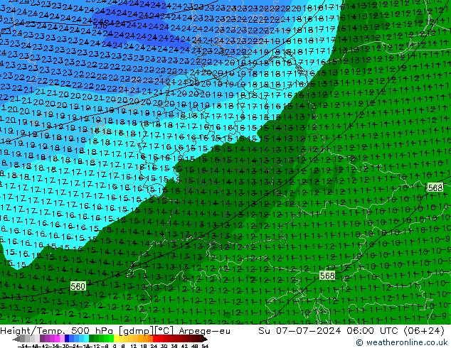 Hoogte/Temp. 500 hPa Arpege-eu zo 07.07.2024 06 UTC