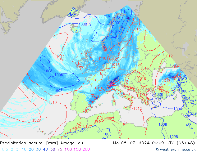 Totale neerslag Arpege-eu ma 08.07.2024 06 UTC