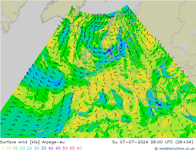 Wind 10 m Arpege-eu zo 07.07.2024 06 UTC