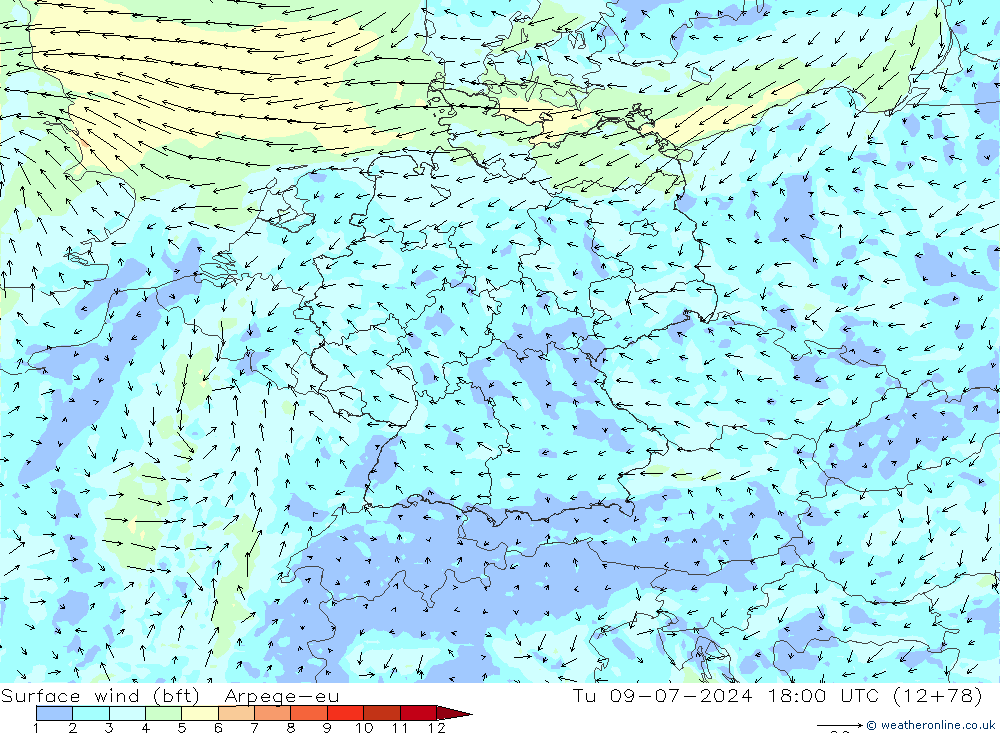 Wind 10 m (bft) Arpege-eu di 09.07.2024 18 UTC