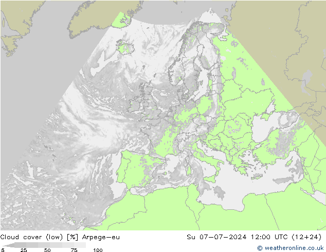 Bewolking (Laag) Arpege-eu zo 07.07.2024 12 UTC