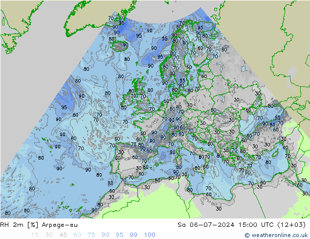 RH 2m Arpege-eu 星期六 06.07.2024 15 UTC