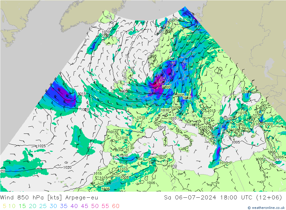 Wind 850 hPa Arpege-eu za 06.07.2024 18 UTC