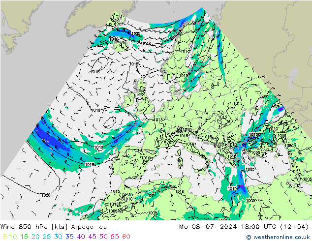 Wind 850 hPa Arpege-eu ma 08.07.2024 18 UTC
