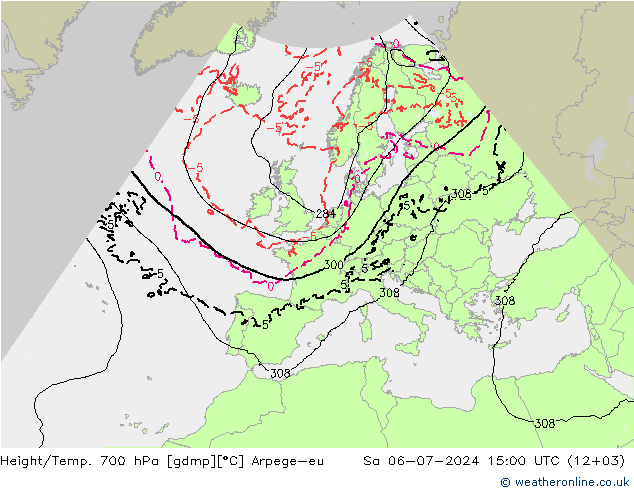 Height/Temp. 700 hPa Arpege-eu 星期六 06.07.2024 15 UTC