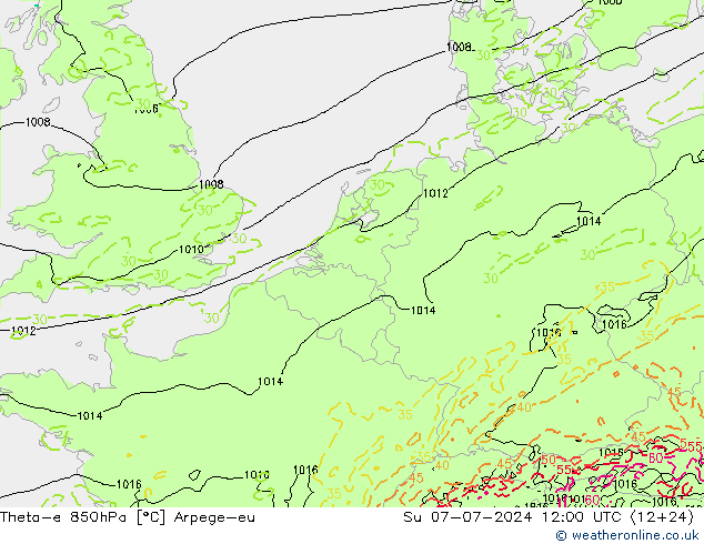 Theta-e 850hPa Arpege-eu 星期日 07.07.2024 12 UTC