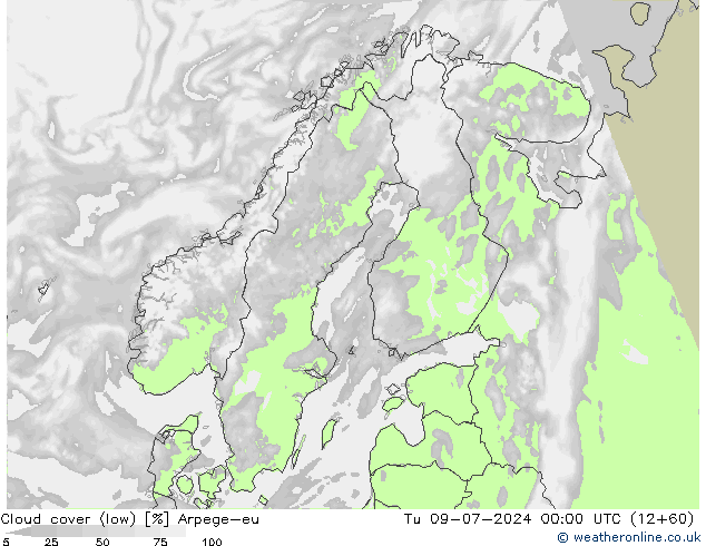Bewolking (Laag) Arpege-eu di 09.07.2024 00 UTC