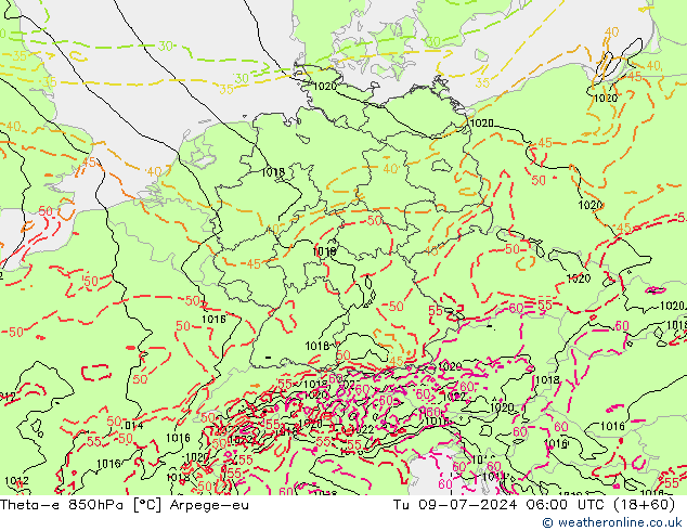 Theta-e 850hPa Arpege-eu di 09.07.2024 06 UTC