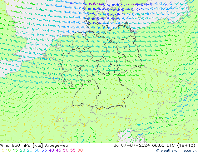 风 850 hPa Arpege-eu 星期日 07.07.2024 06 UTC