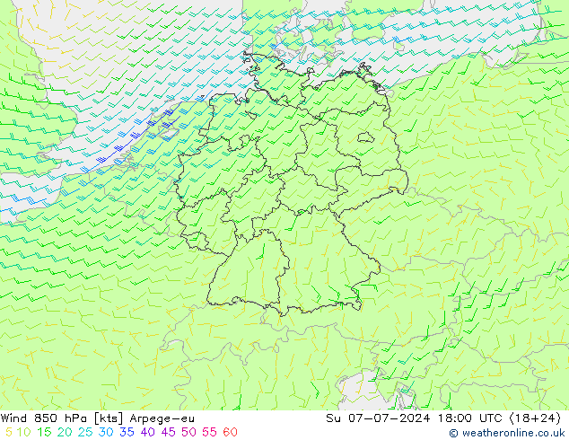 风 850 hPa Arpege-eu 星期日 07.07.2024 18 UTC