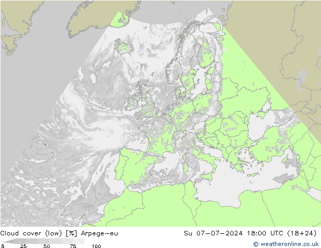 Bewolking (Laag) Arpege-eu zo 07.07.2024 18 UTC