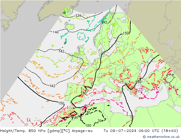 Height/Temp. 850 hPa Arpege-eu 星期二 09.07.2024 06 UTC