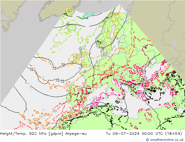 Height/Temp. 925 hPa Arpege-eu 星期二 09.07.2024 00 UTC