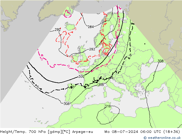Hoogte/Temp. 700 hPa Arpege-eu ma 08.07.2024 06 UTC